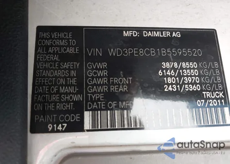 2011 Mercedes-Benz Sprinter 2500 High Roof z USA, uszkodzony, nr VIN WD3PE8CB1B5595520